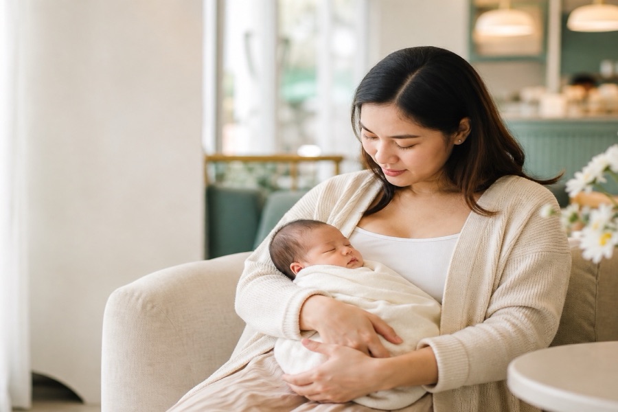 A new mother cradling her sleeping newborn